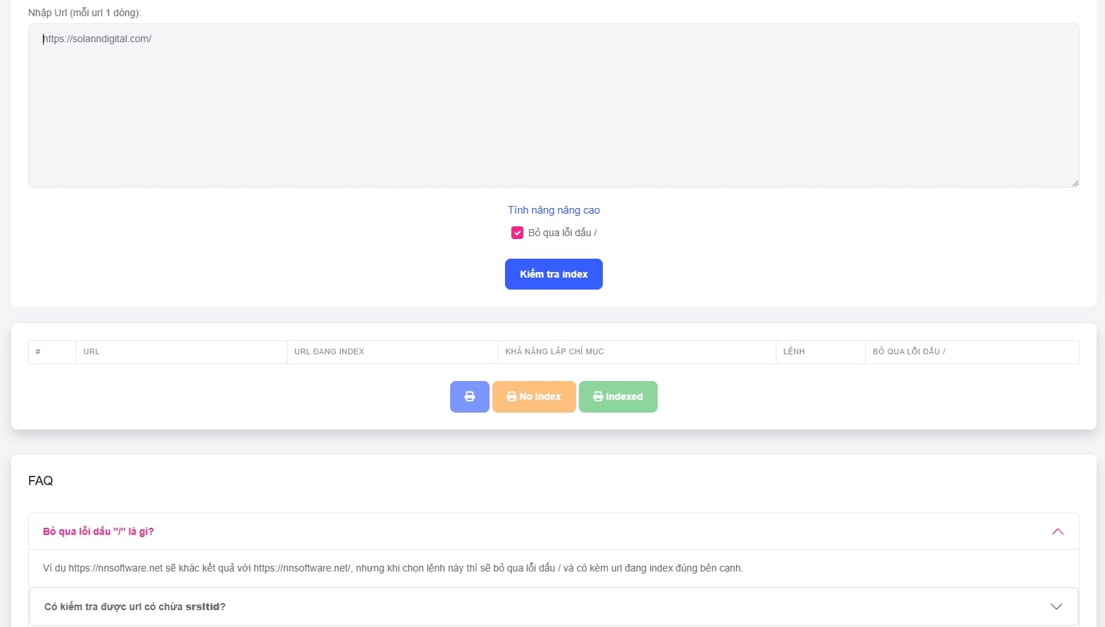 Công cụ check index của Solann Index Checker